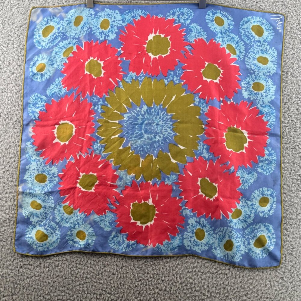 Vintage Vera  Neumann Floral Scarf With Red & Blue Daisy Pattern